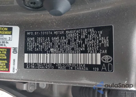 2018 Toyota Corolla Se из США, поврежденный, VIN 2T1BURHE6JC068490